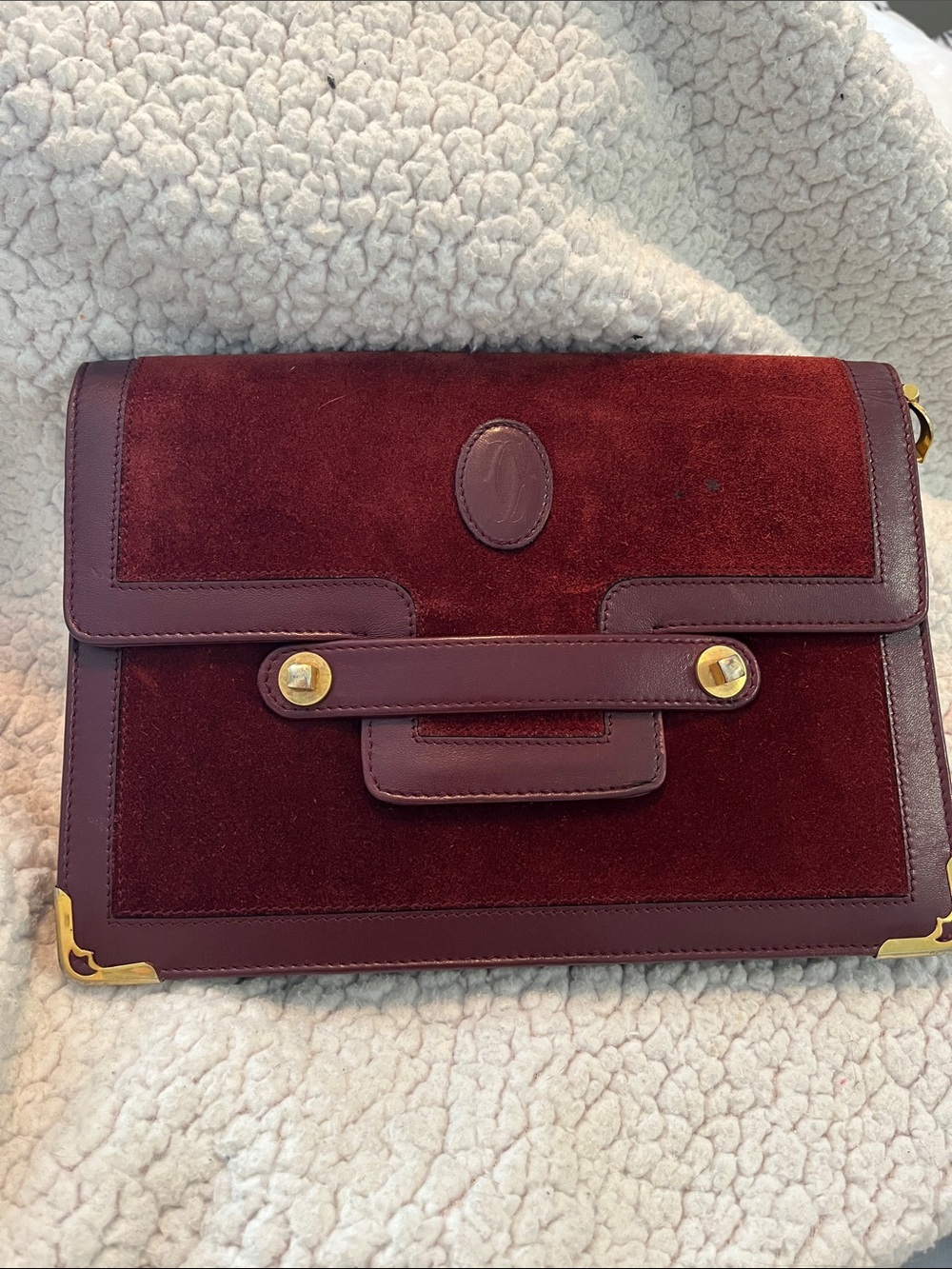 Cartier Burgundy Suede Crossbody Clutch with Gold Hardware